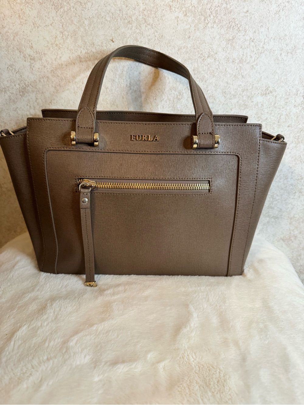 Furla Taupe Ginevra Saffiano Leather Satchel with Gold Hardware